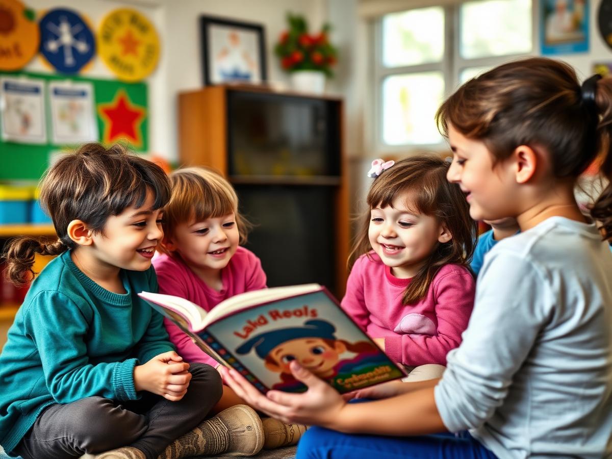 Caring teacher reading to children